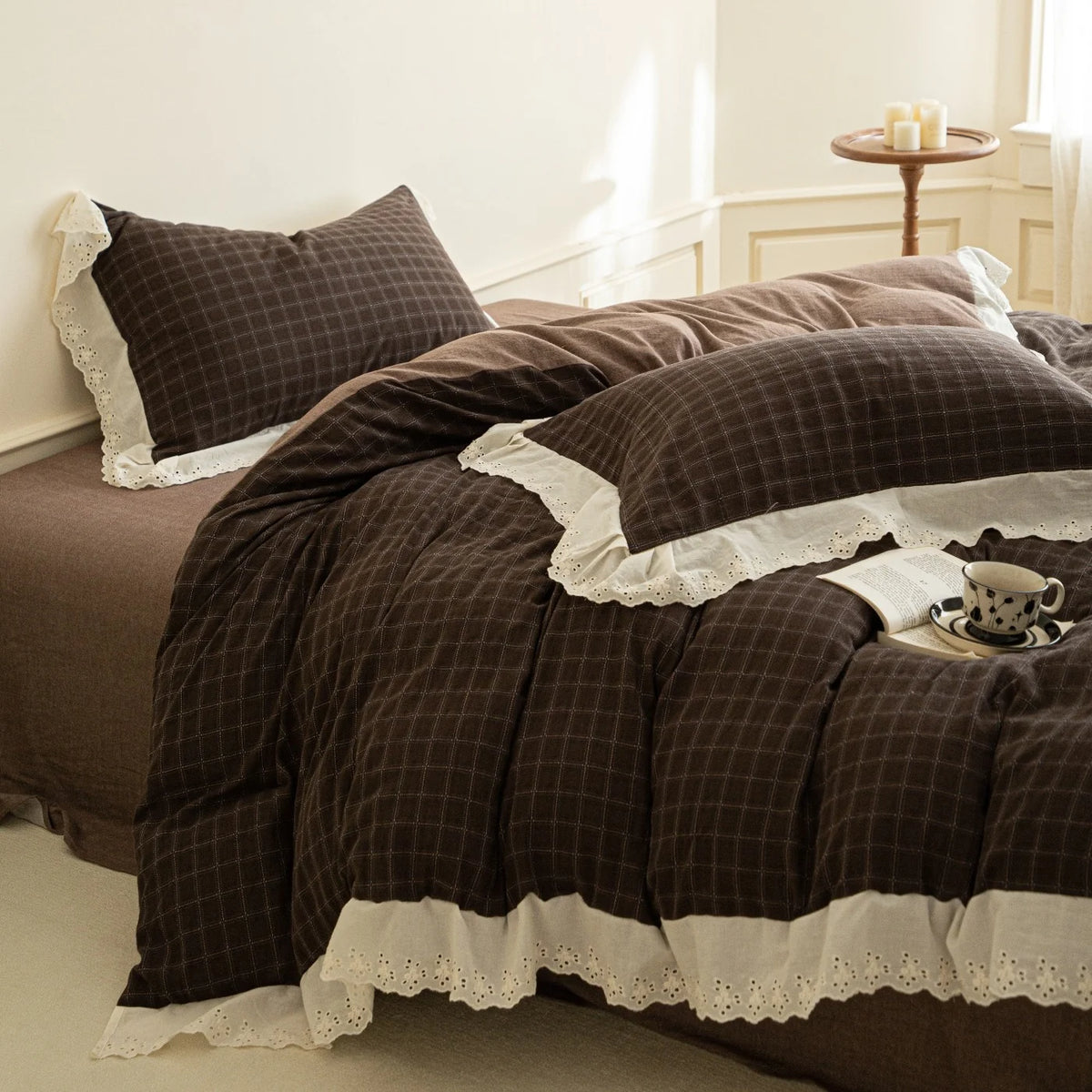 Flannel Bedding Set Reversible Check Lace Trim