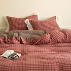 Flannel Bedding Set Reversible Check Lace Trim