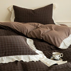 Flannel Bedding Set Reversible Check Lace Trim