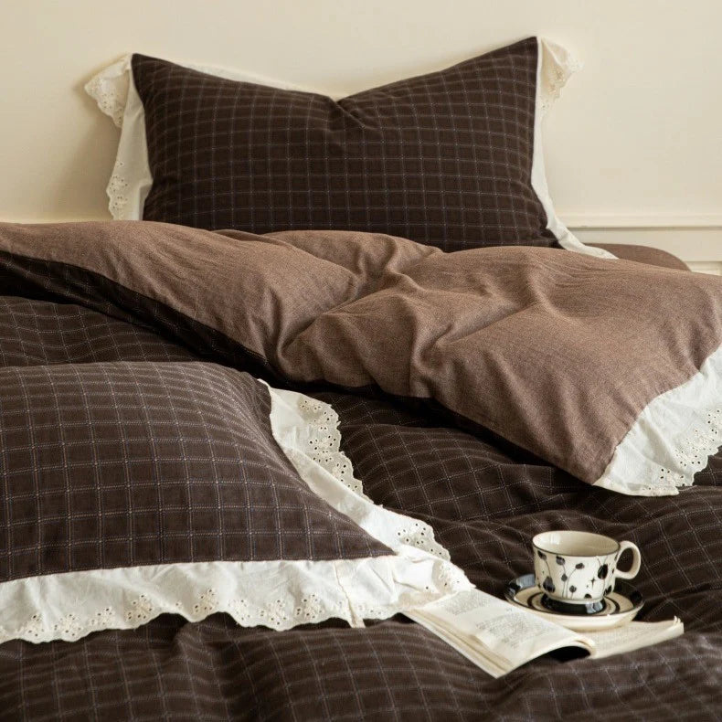 Flannel Bedding Set Reversible Check Lace Trim