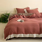 Flannel Bedding Set Reversible Check Lace Trim