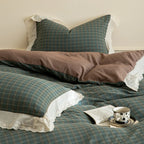 Flannel Bedding Set Reversible Check Lace Trim
