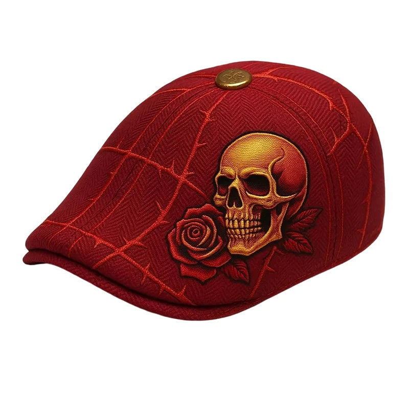 Flat Cap Embroidered Skull Breathable Fabric Structured Visor
