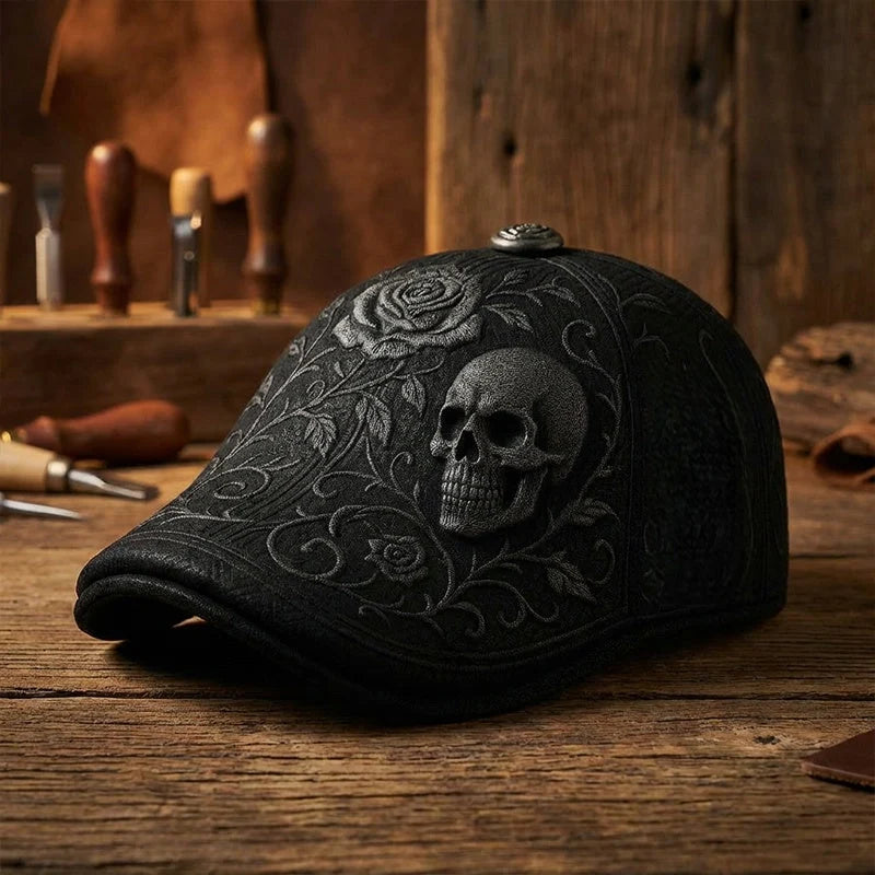 Flat Cap Embroidered Skull Breathable Fabric Structured Visor