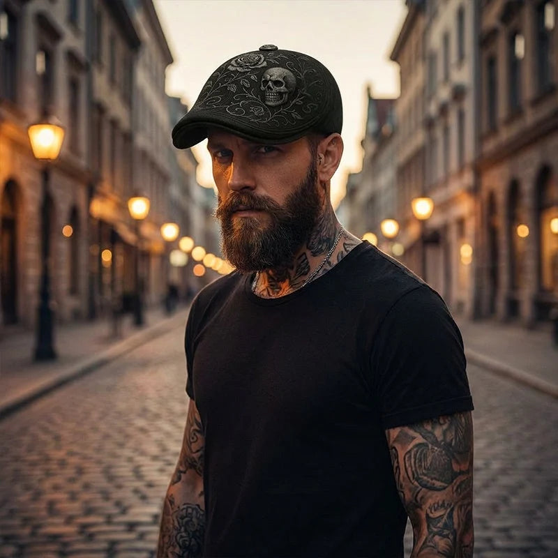 Flat Cap Embroidered Skull Breathable Fabric Structured Visor