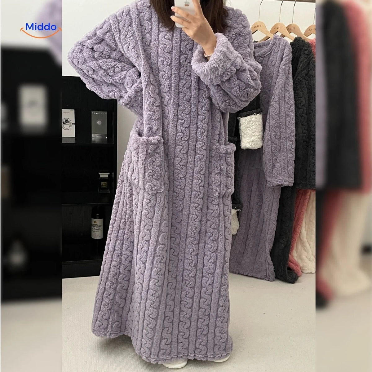 Fleece Blanket Dress Coral Fleece Long Sleeves Front Pockets