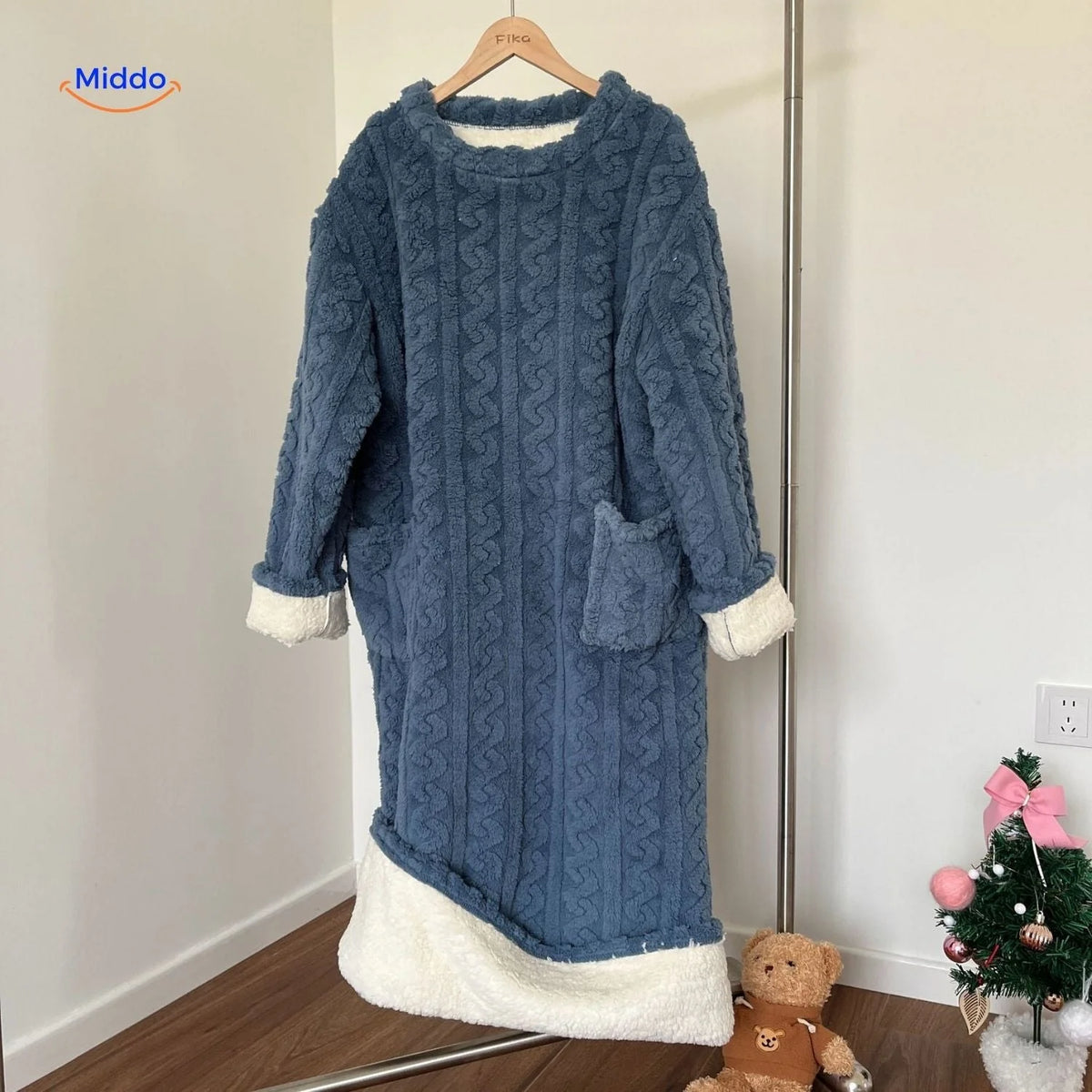 Fleece Blanket Dress Coral Fleece Long Sleeves Front Pockets