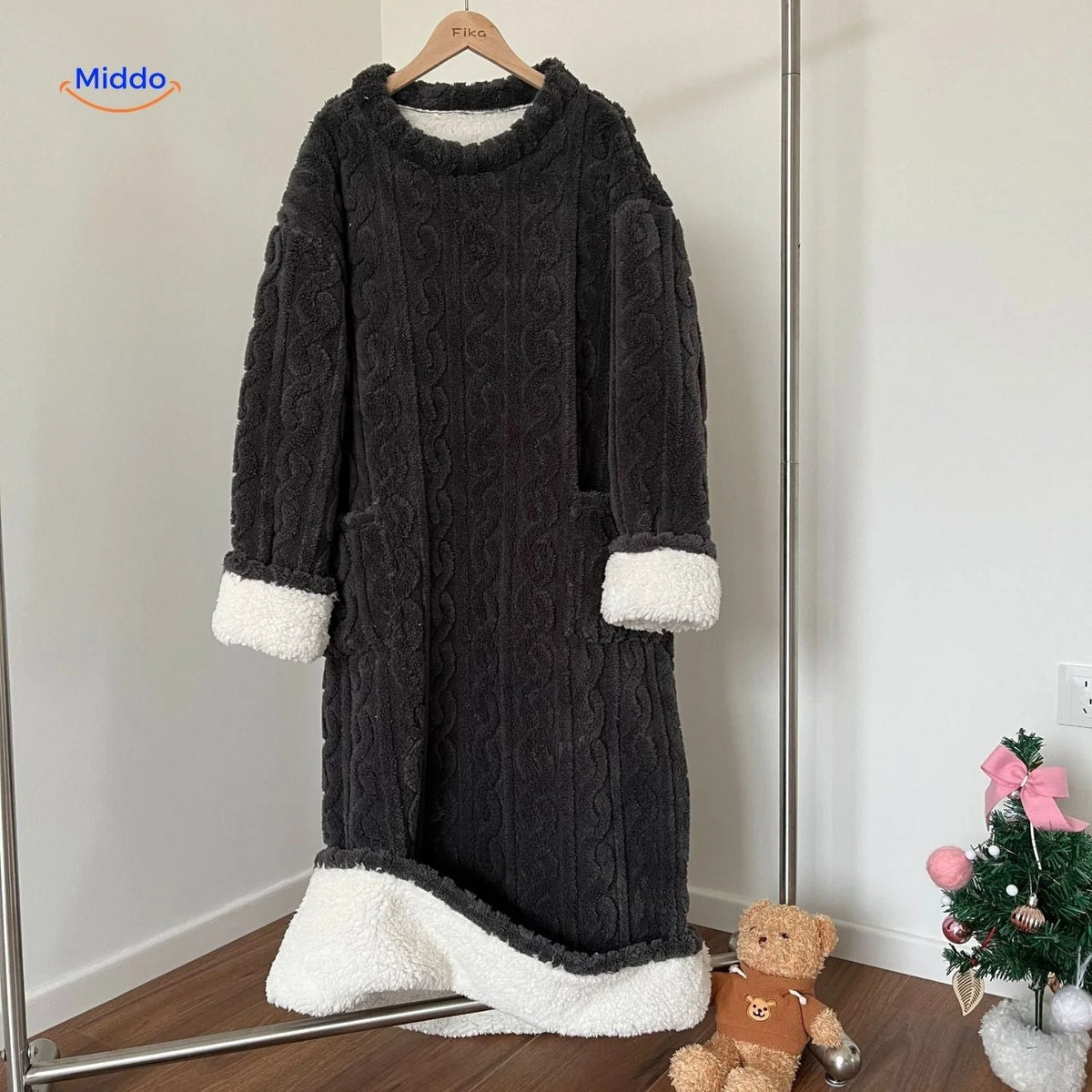 Fleece Blanket Dress Coral Fleece Long Sleeves Front Pockets