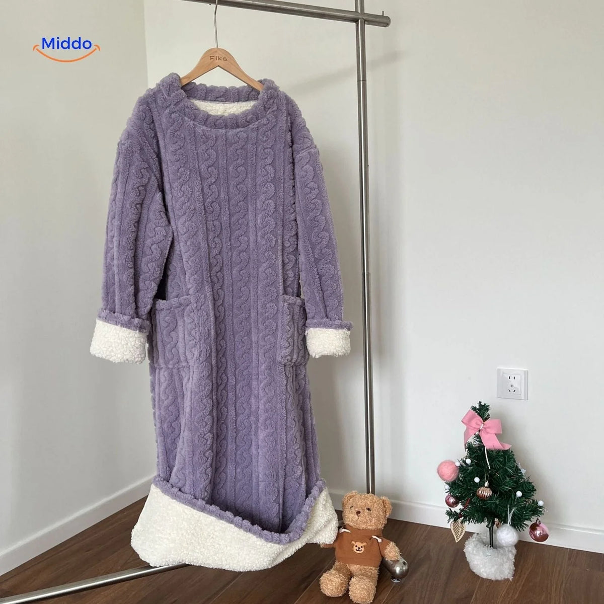Fleece Blanket Dress Coral Fleece Long Sleeves Front Pockets