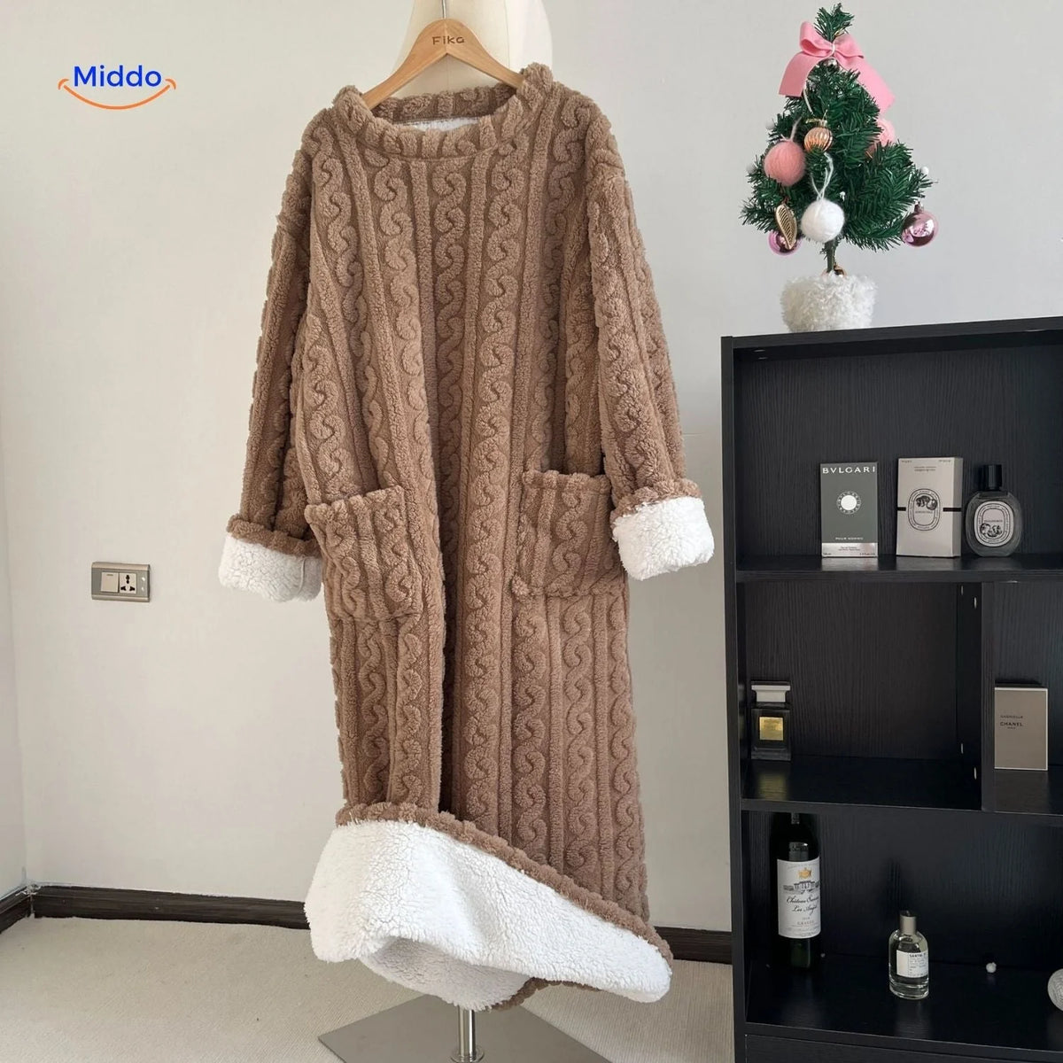 Fleece Blanket Dress Coral Fleece Long Sleeves Front Pockets