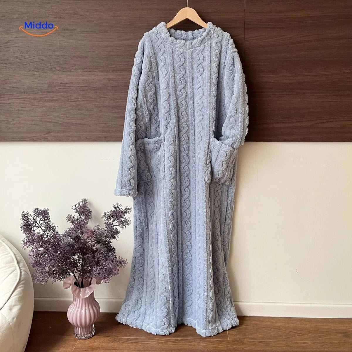 Fleece Blanket Dress Coral Fleece Long Sleeves Front Pockets