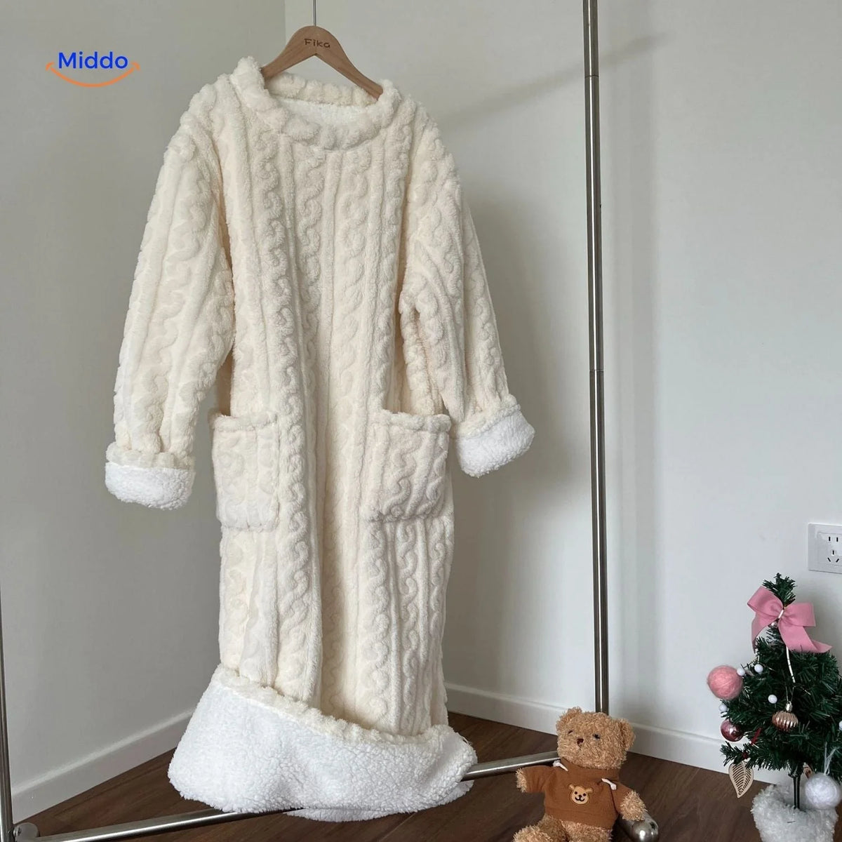 Fleece Blanket Dress Coral Fleece Long Sleeves Front Pockets