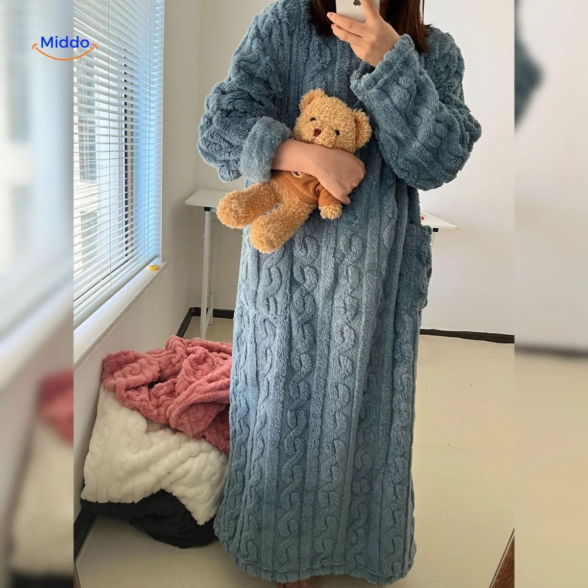Fleece Blanket Dress Coral Fleece Long Sleeves Front Pockets