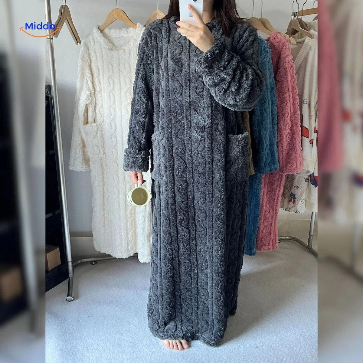 Fleece Blanket Dress Coral Fleece Long Sleeves Front Pockets