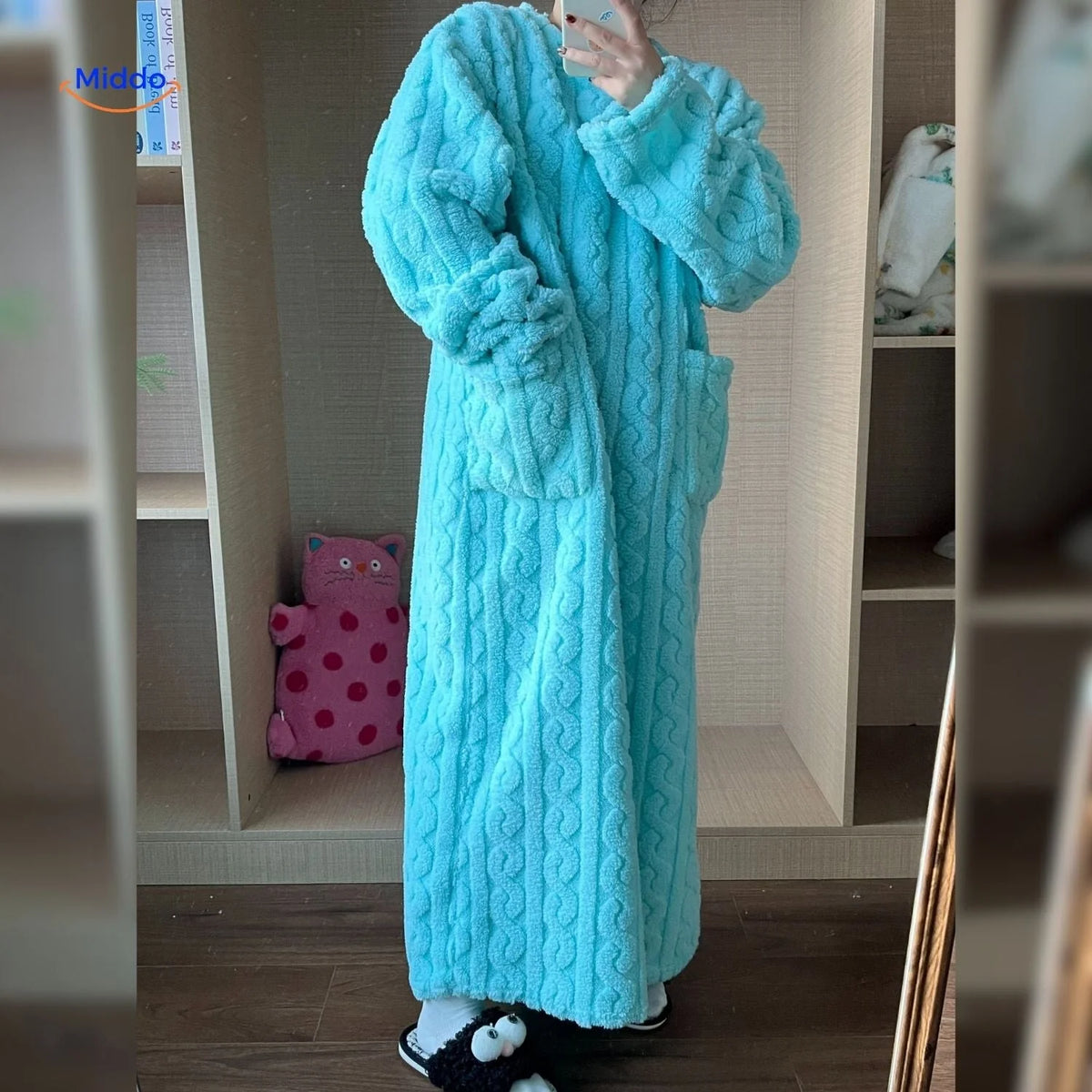 Fleece Blanket Dress Coral Fleece Long Sleeves Front Pockets