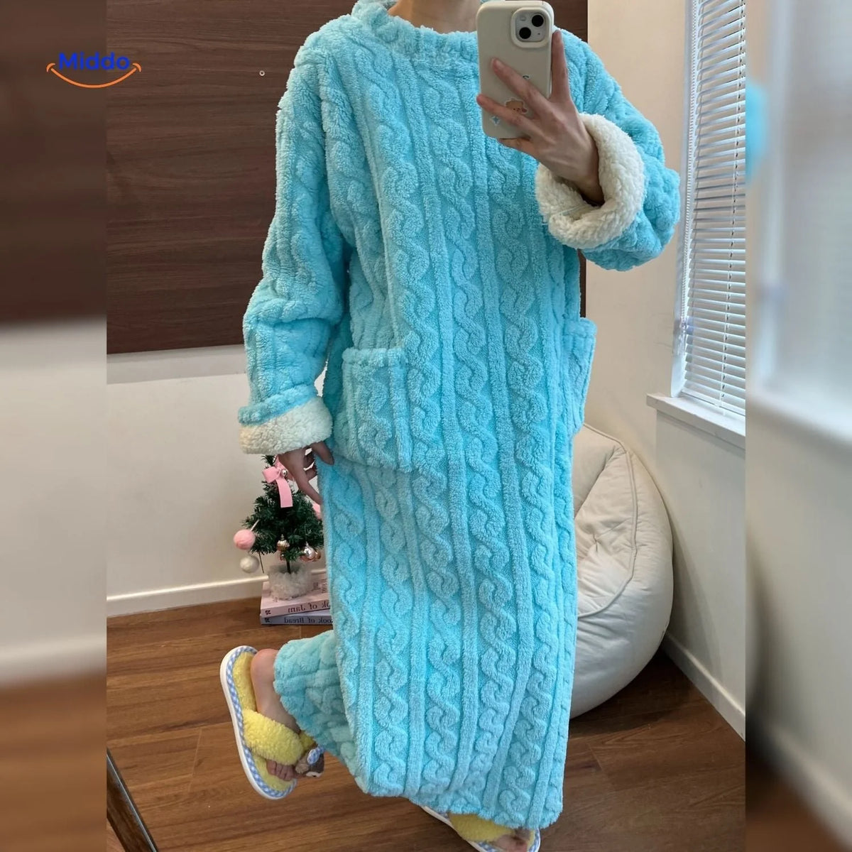 Fleece Blanket Dress Coral Fleece Long Sleeves Front Pockets