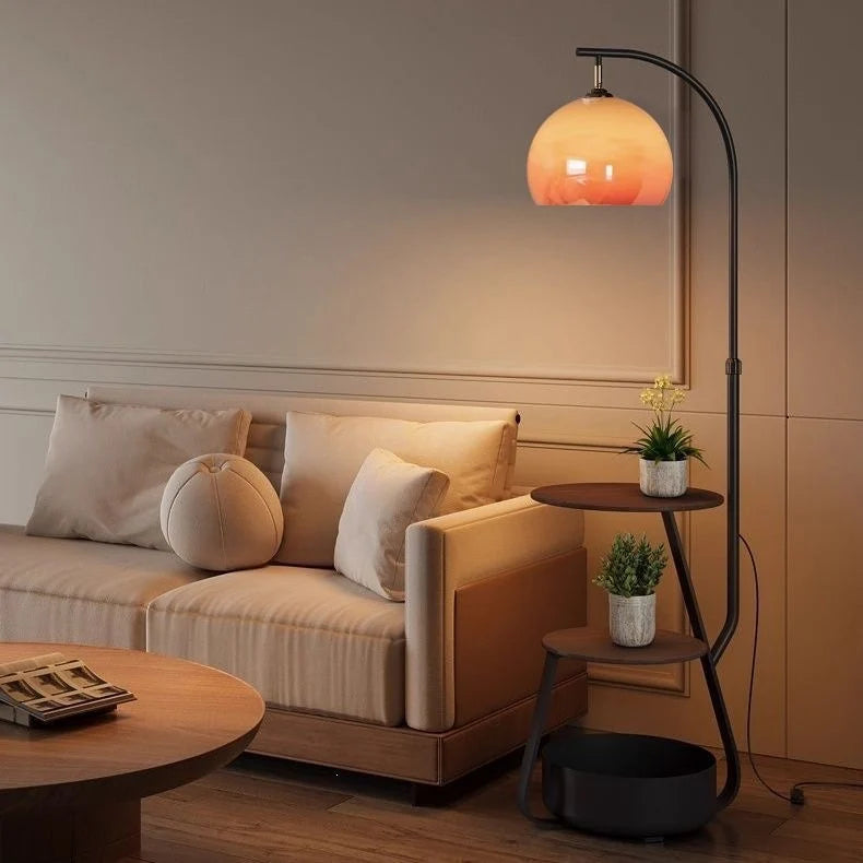 Floor Lamp Two-Tier Wooden Shelves Metal Frame LED Compatible