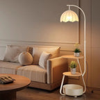Floor Lamp Two-Tier Wooden Shelves Metal Frame LED Compatible