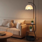 Floor Lamp Two-Tier Wooden Shelves Metal Frame LED Compatible