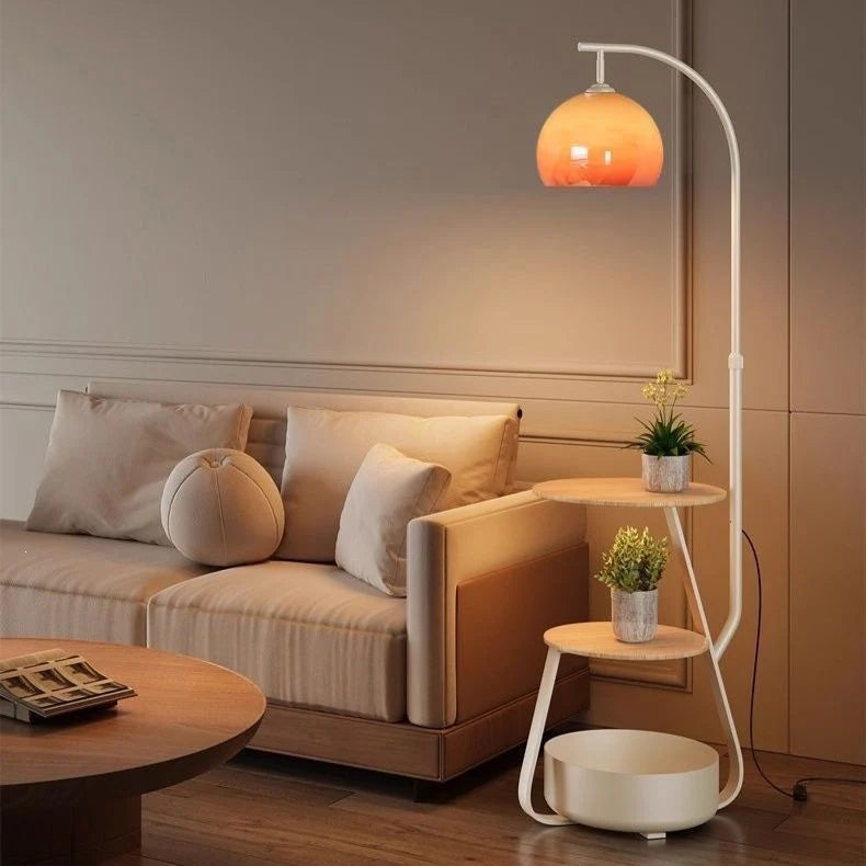 Floor Lamp Two-Tier Wooden Shelves Metal Frame LED Compatible