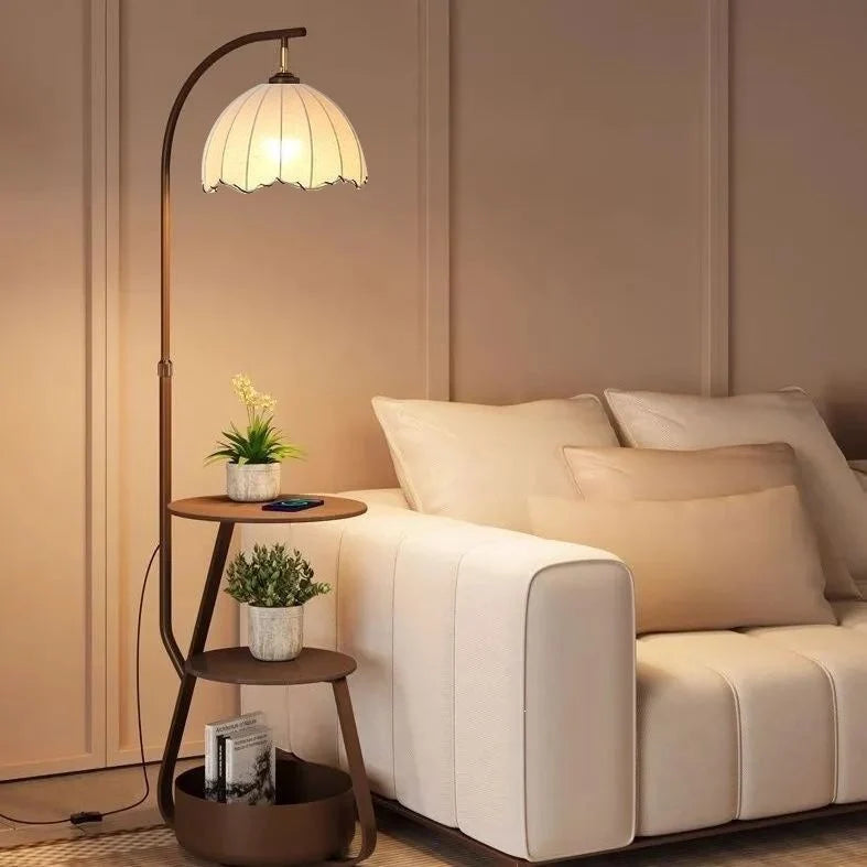 Floor Lamp Two-Tier Wooden Shelves Metal Frame LED Compatible