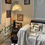 Floor Lamp Two-Tier Wooden Shelves Metal Frame LED Compatible
