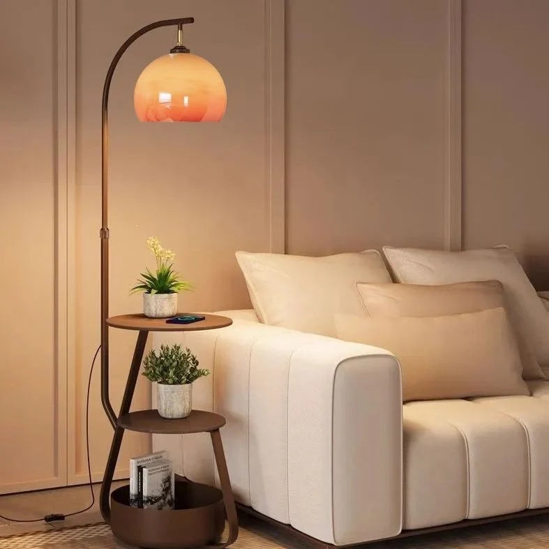 Floor Lamp Two-Tier Wooden Shelves Metal Frame LED Compatible