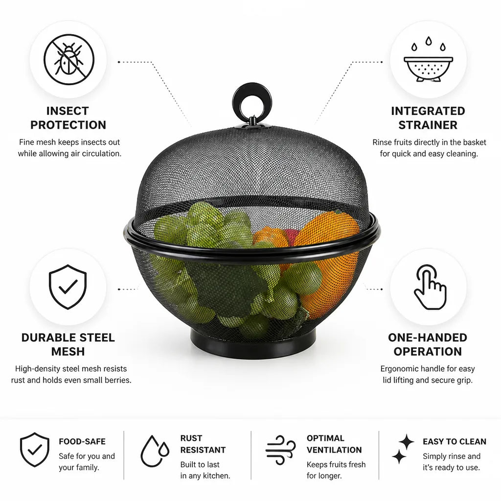 Fruit Basket Breathable Steel Mesh Lid & Strainer