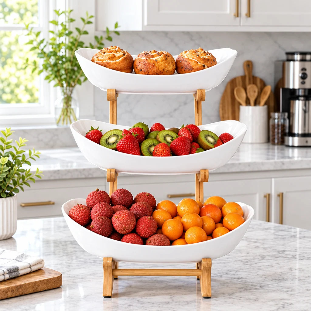 Fruit Basket Stand Three-Tier Wooden Space-Saving