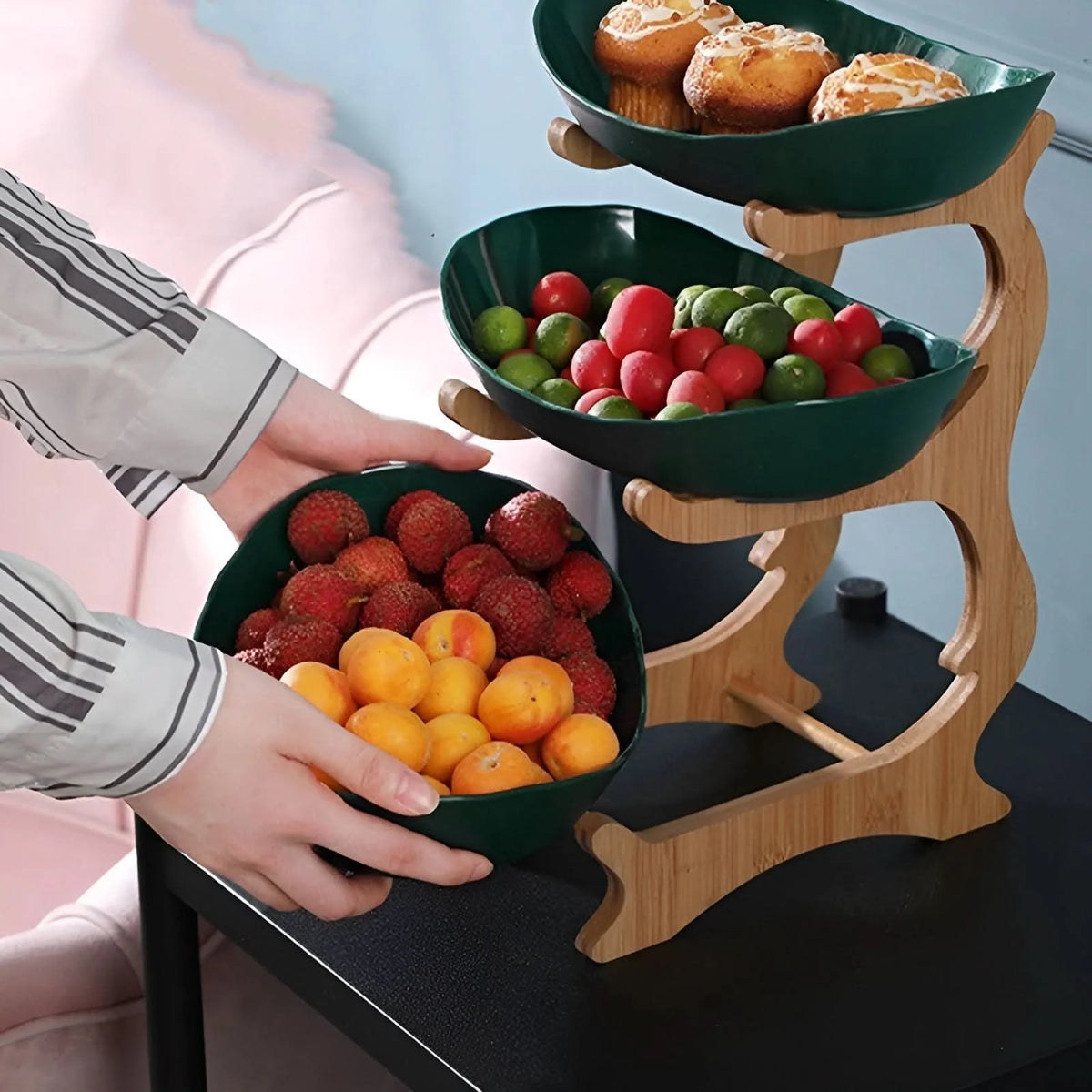 Fruit Basket Stand Three-Tier Wooden Space-Saving