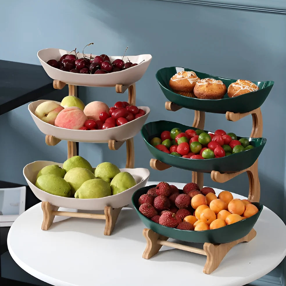 Fruit Basket Stand Three-Tier Wooden Space-Saving