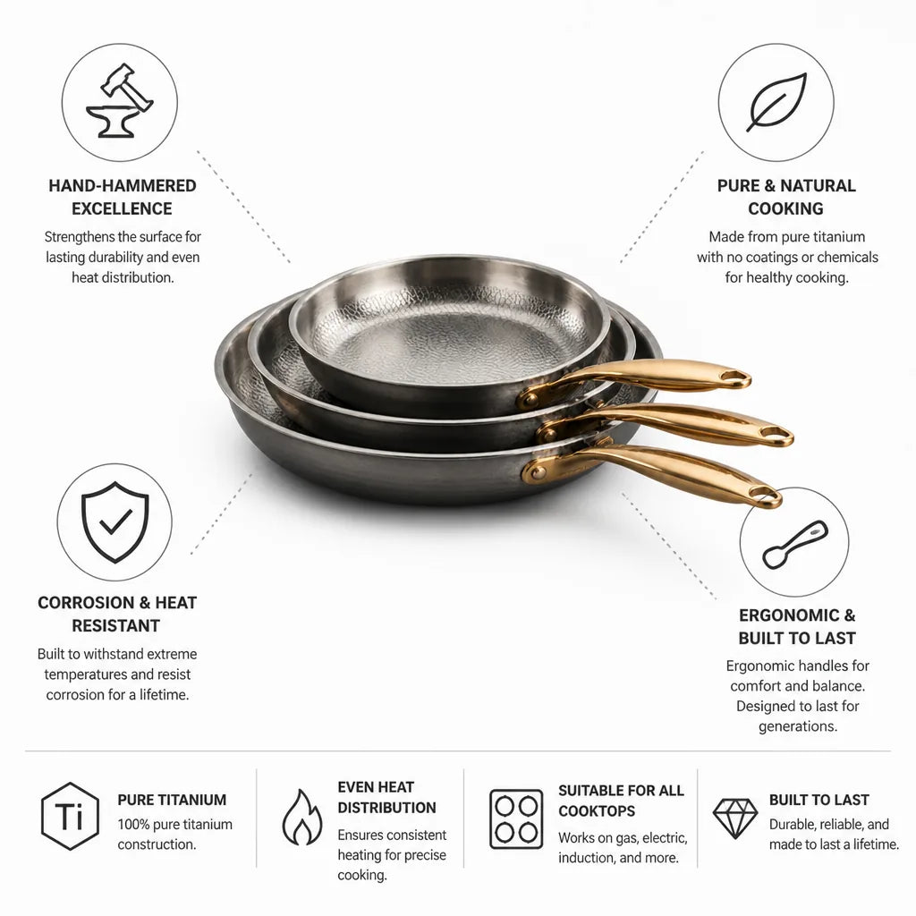 Frying Pan Set Pure Titanium Hand-Hammered Set of 3