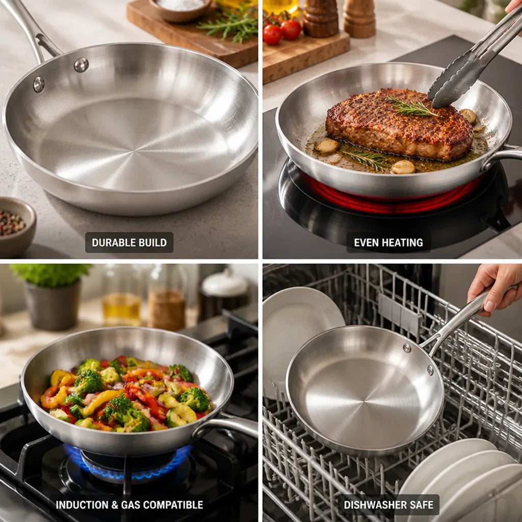 Frying Pan Uncoated Stainless Steel Induction & Gas Compatible