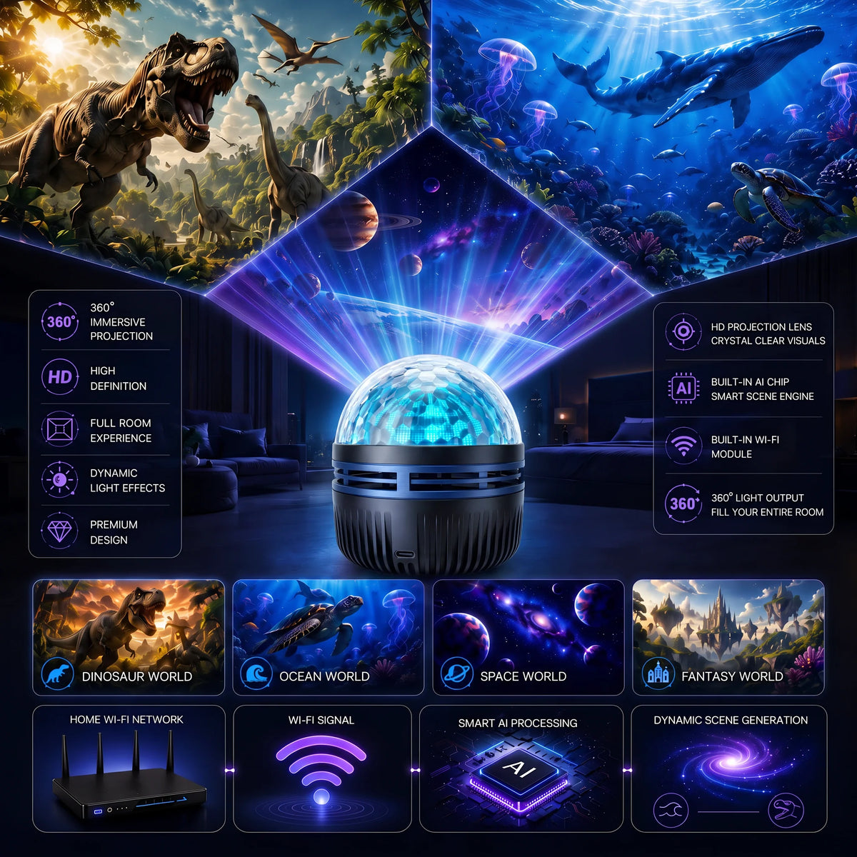 Galaxy Projector Light Dynamic Effects 360° Flexible Gooseneck USB Powered