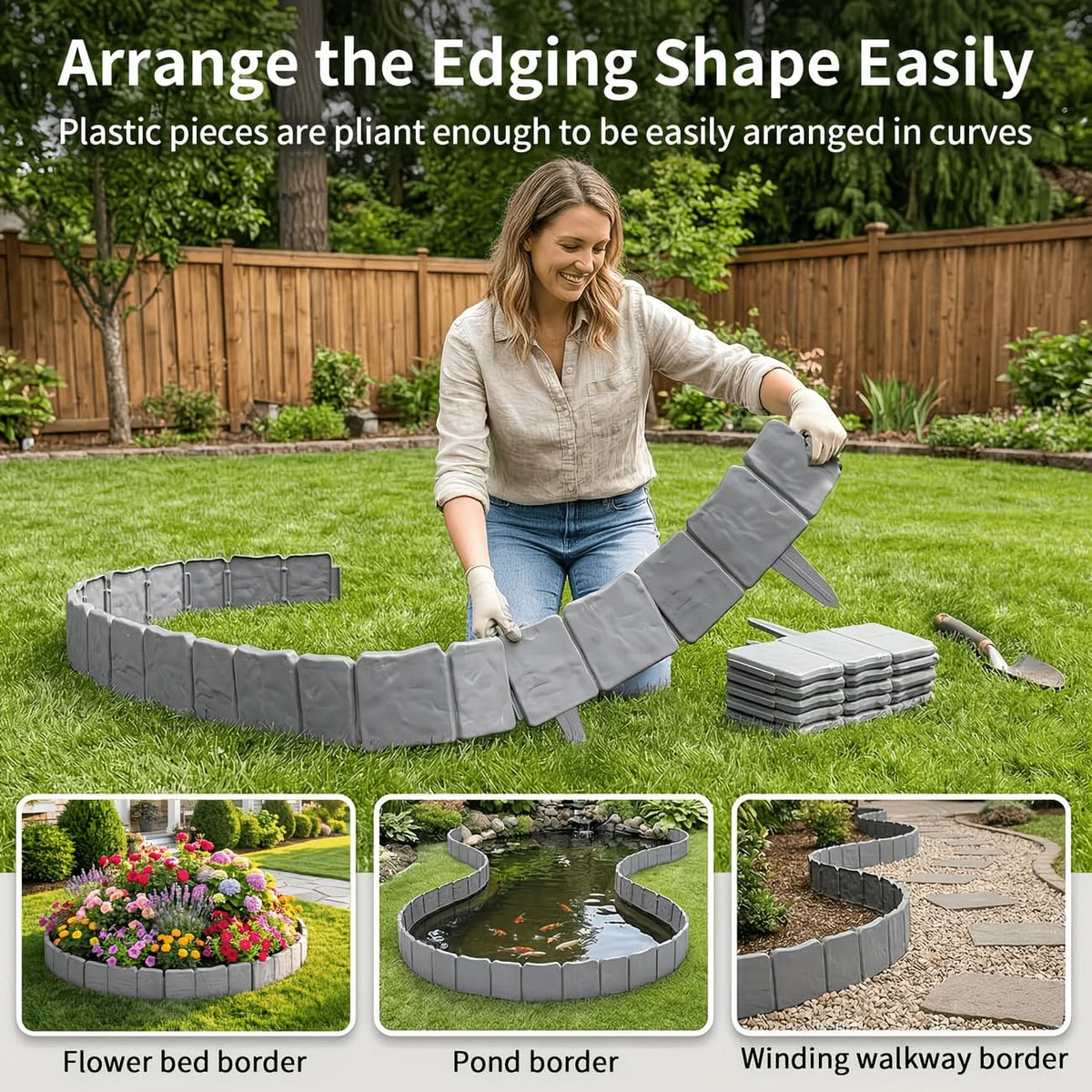 Garden Edging Panel Stone-Look Interlocking Weather-Resistant