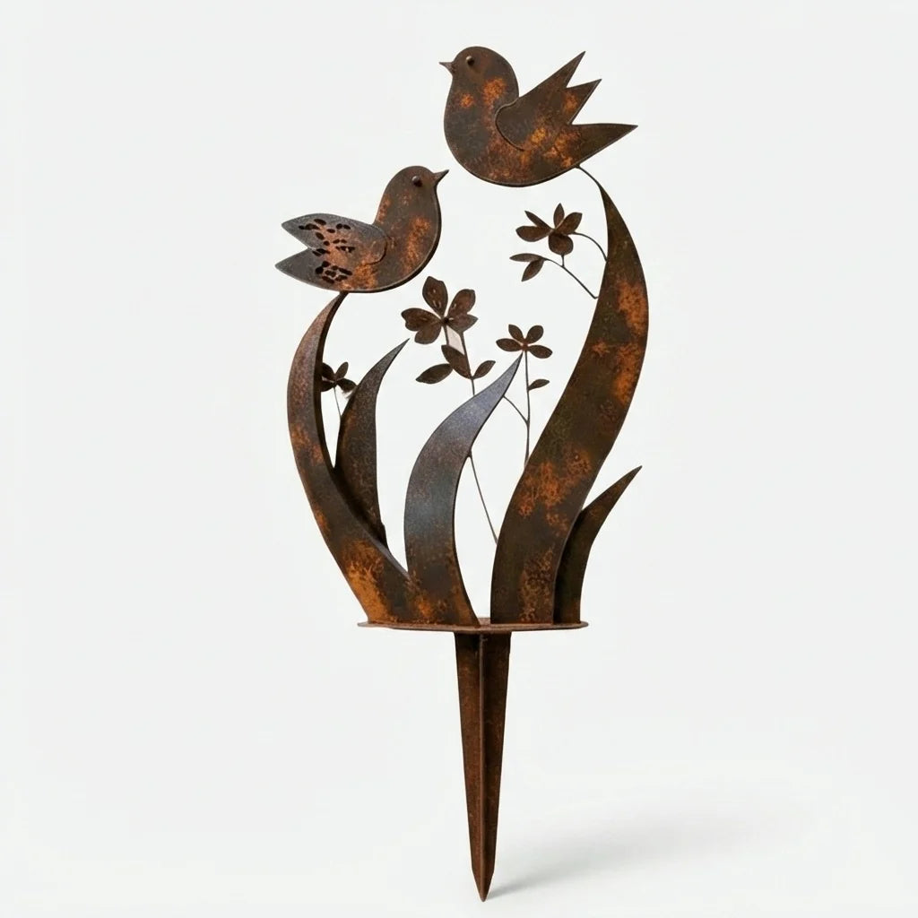 Garden Stake Bird & Flower Motif Weather-Resistant Iron