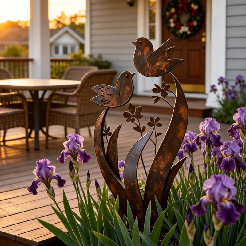 Garden Stake Bird & Flower Motif Weather-Resistant Iron