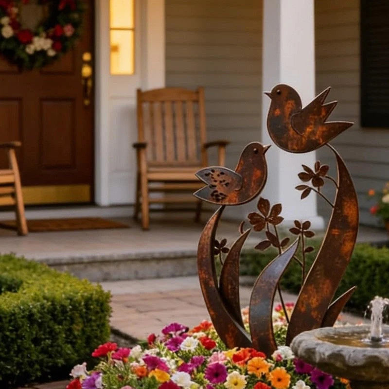 Garden Stake Bird & Flower Motif Weather-Resistant Iron