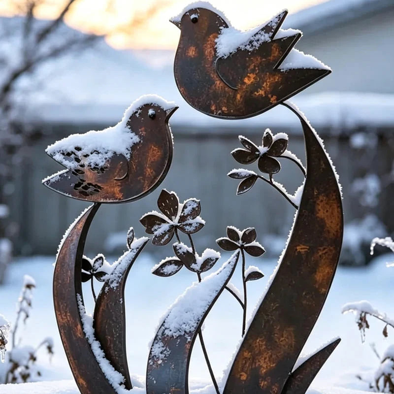 Garden Stake Bird & Flower Motif Weather-Resistant Iron