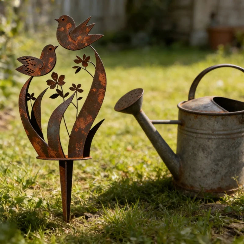 Garden Stake Bird & Flower Motif Weather-Resistant Iron
