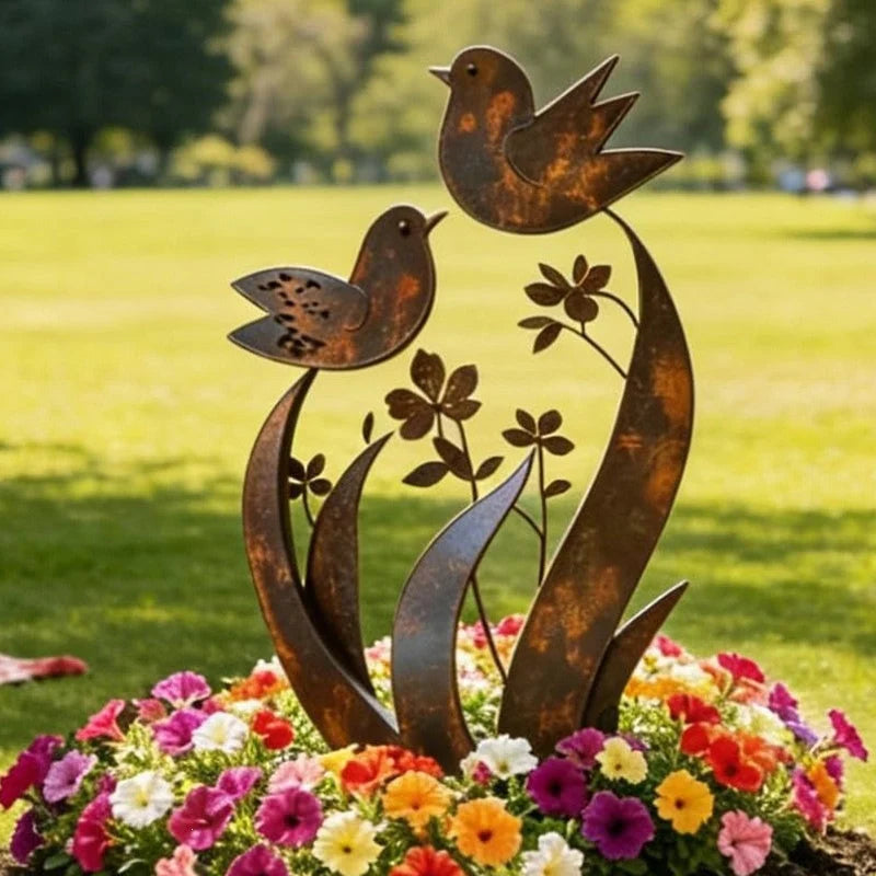 Garden Stake Iron Weathered Rust Bird & Flower Motif