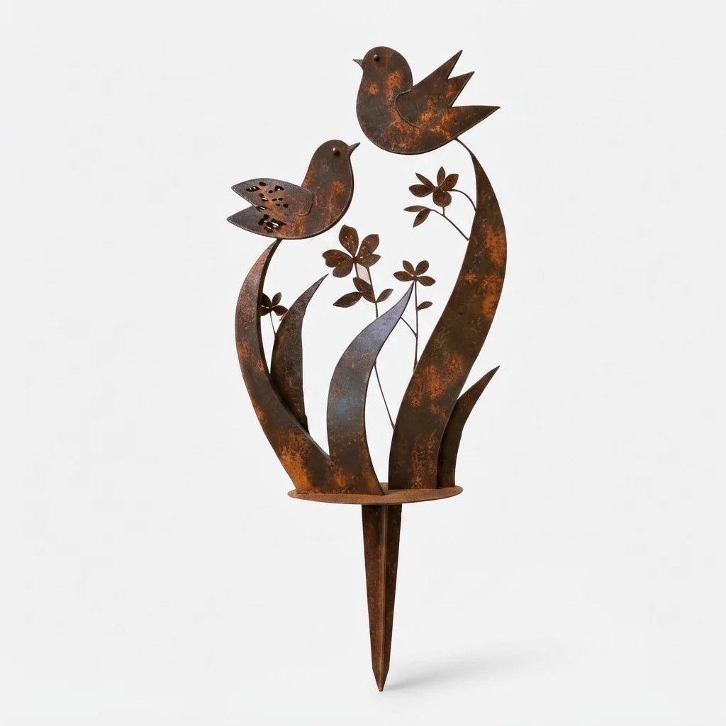 Garden Stake Iron Weathered Rust Bird & Flower Motif