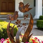 Garden Stake Iron Weathered Rust Bird & Flower Motif