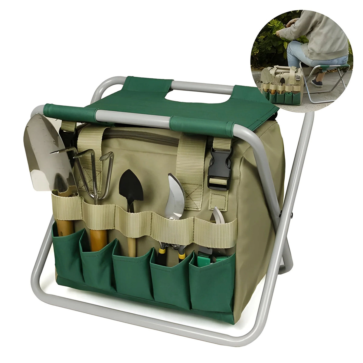 Garden Stool With Tool Bag Foldable Iron Frame