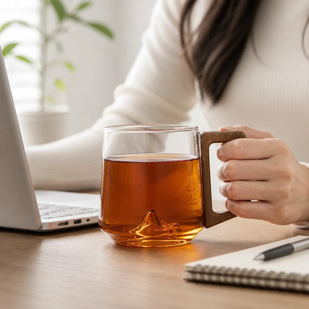 Glass Mug Heat-Resistant Borosilicate Wooden Handle Mountain Base