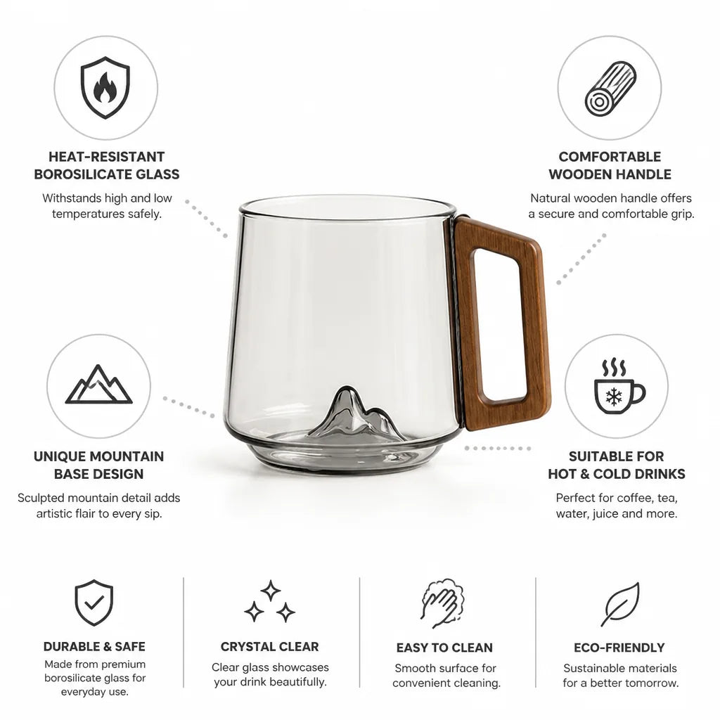 Glass Mug Heat-Resistant Borosilicate Wooden Handle Mountain Base
