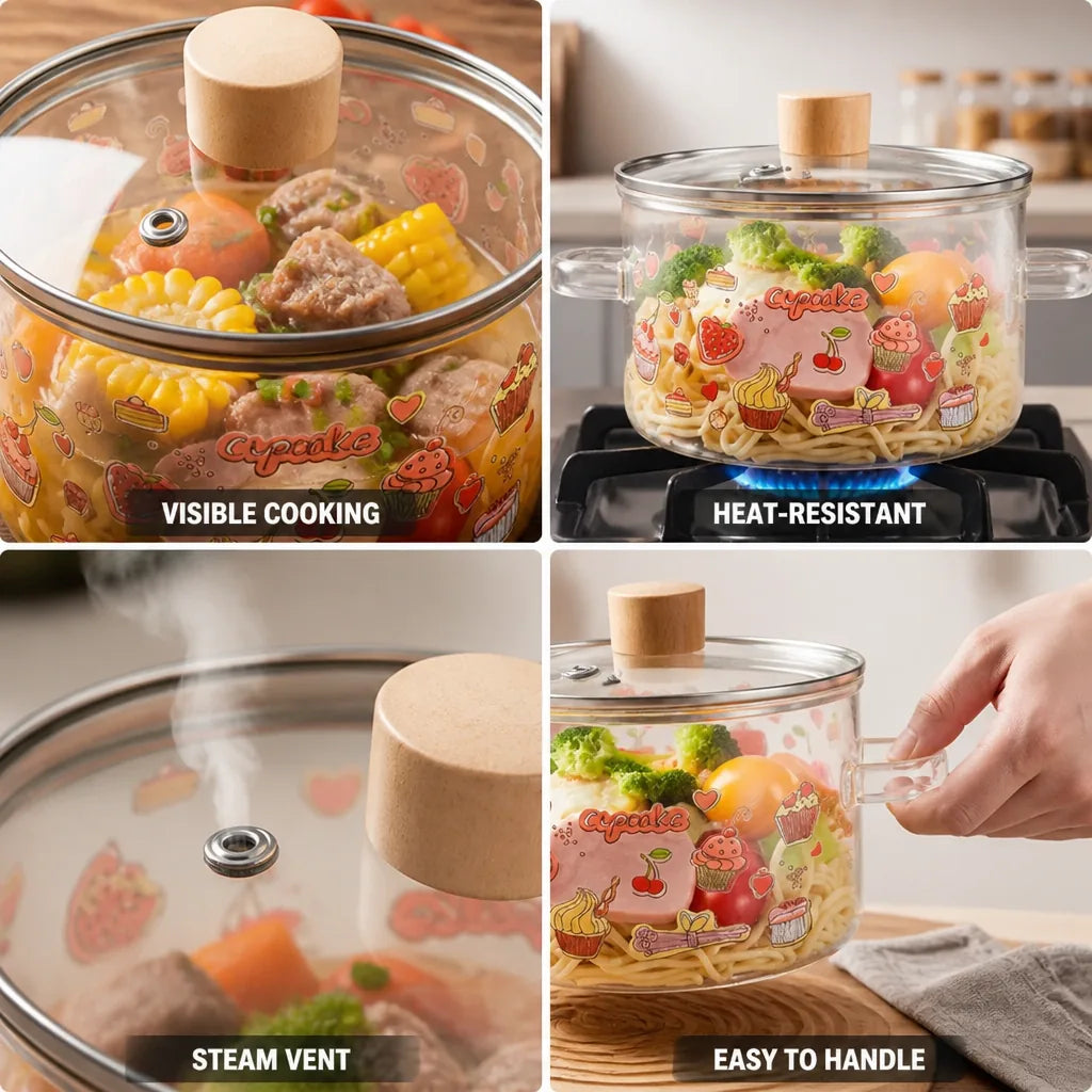 Glass Soup Pot Heat-Resistant Tempered Lid Steam Vent