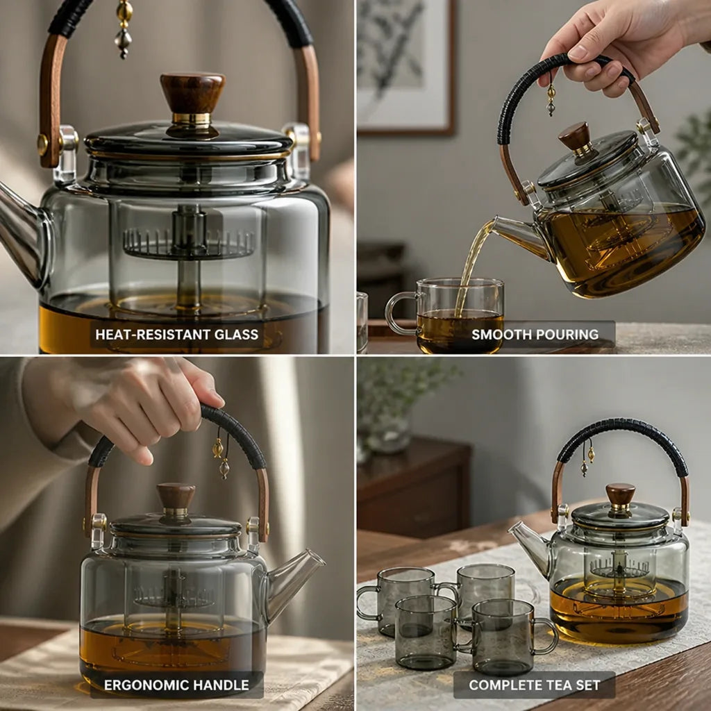 Glass Teapot Heat-Resistant Borosilicate 1L Ergonomic Handle