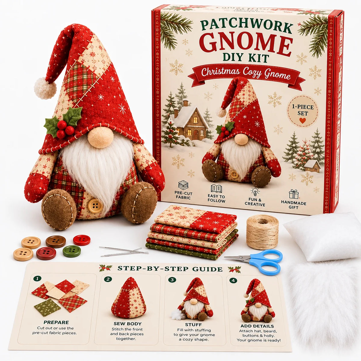 Gnome Sewing Kit Hand Sewn Patchwork All Materials Included