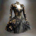 Gothic Mini Dress Long-Sleeve Skeletal Appliqué Floral Accents